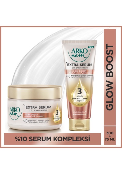 Arko Nem Extra Serum Glow Boost Ton Eşitleyici & Aydınlatıcı Cilt Bakım Kremi Seti Skualen Yağlı 300+75 Ml