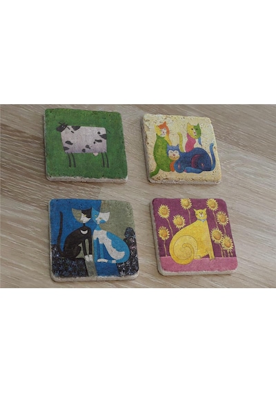 Sevimli Kediler Ve İnek Doğal Taş Bardak Altlığı 4'lü Set - Natural Stone Coasters - Taş Çok Renkli