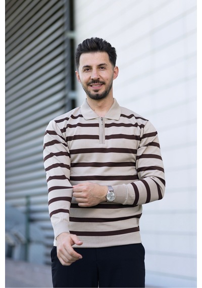 Hk Premium Kazak Fermuarlı Polo Yaka Çizgili Triko Sweatshirt Bej