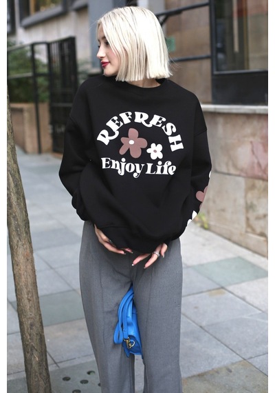 Siyah Bisiklet Yaka Baskılı Sweatshirt Mg1572