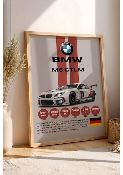 Bmw M6 Gtlm Premium Spor Araba Çerçeveli Tablo - Teknik Özellikli Otomobil Sever Duvar Dekoru Kayın