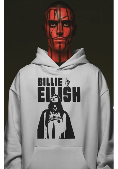 Sevbano Billie Eilish Şarkıcı Ön Baskılı Unisex Oversize Premium Hoodie beyaz