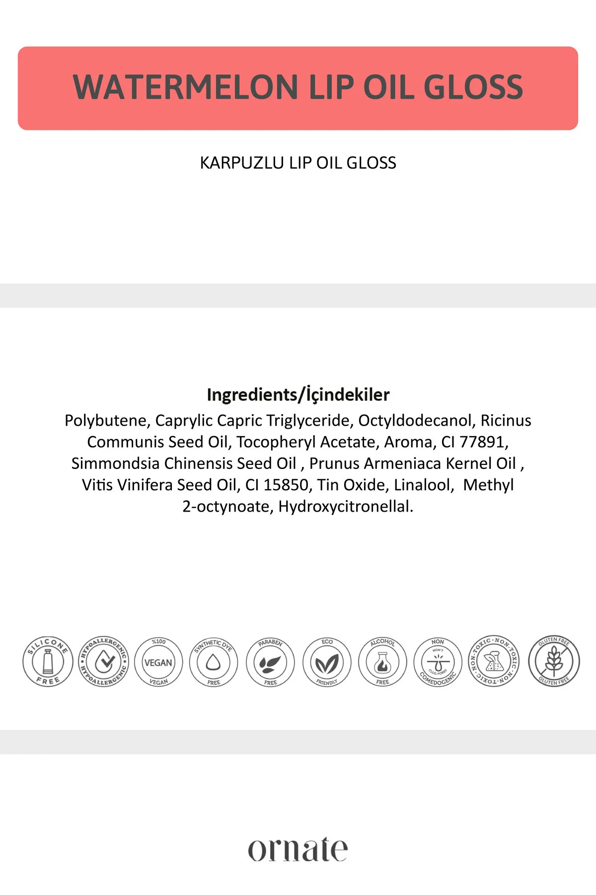 Watermelon Lip Oil Gloss Dolgunlaştırıcı Efekt, Nemlendirici, Parlatıcı Simli Dudak Yağı Karpuz 5 Ml Mercan Pembesi