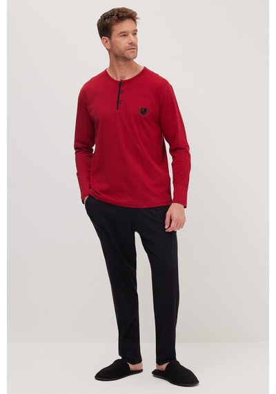 Tudors Erkek Standart Fit Normal Kesim %100 Pamuk Bisiklet Yaka Beli Lastikli Siyah Pijama Takımı-37944 Siyah
