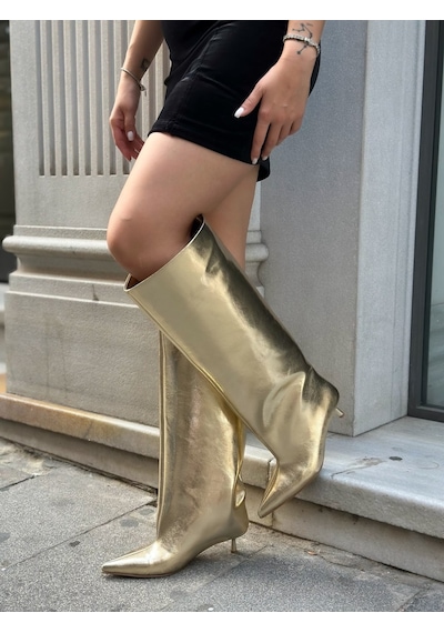 Erva'nın Butiği Gold Cilt Veray Xl Oversize Kalın Baldır 5 Cm Mini Topuk Çizme-6398