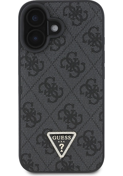 Apple Uyumlu iPhone 16 Kılıf Guess Lisanslı Pu Deri Taşlı Üçgen Logo 4g Desenli Strass Kapak Siyah