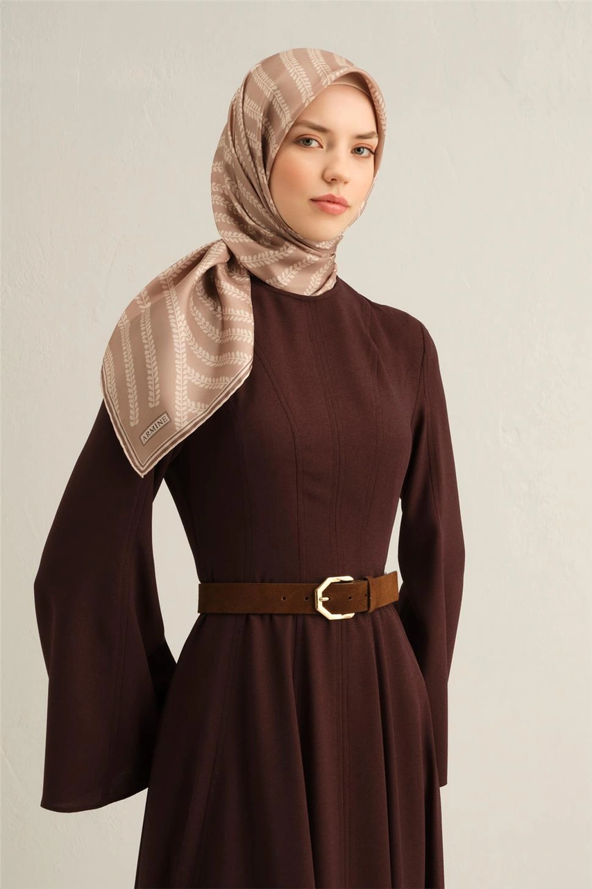 Armine Klasik Desenli Saf İpek Twill Eşarp 9351d 40 Vizon