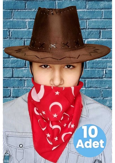 Uniquetrenders Çocuk Unisex Bandanalı 10'lu Nubuk Kovboy Şapkası 8-14 Yaş Kahverengi 4