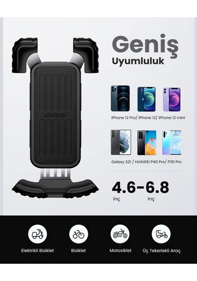 Ugreen Motosiklet Ve Bisikletler İçin 360 Gidon Telefon Tutucu, Siyah, 60548