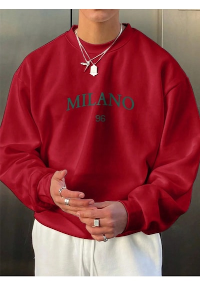 Startmore Kırmızı Unisex Kadın/erkek Detaylı Milano Özel Baskılı Renkli Oversize Bisiklet Yaka Pamuklu