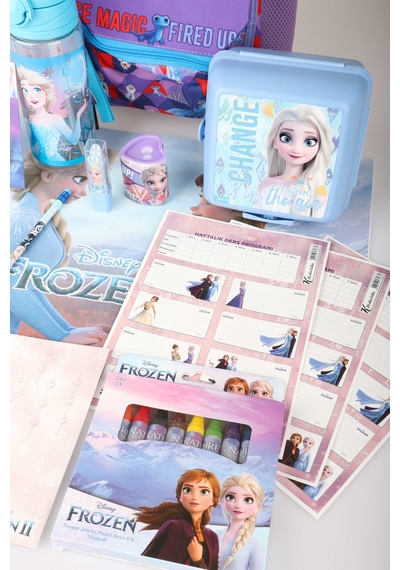 X Dekomus Lisanslı Elsa Frozen Full Kırtasiye Seti Anaokul Çantası,beslenme Kabı,matara,beslenme Örtüsü Altın