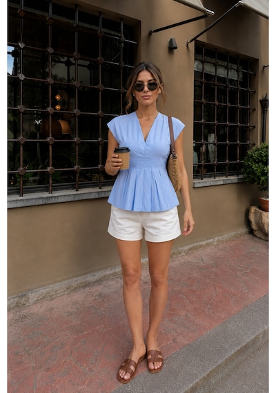 Bisou V Yaka Gold Boncuk Detaylı Bağlamalı Bel Oturtmalı Bluz Keten Dokulu Şık Kadın Bluz Mavi Bisou V Yaka Gold Boncuk Detaylı Bağlamalı Bel Oturtmalı Bluz Keten Dokulu Şık Kadın Bluz Mavi