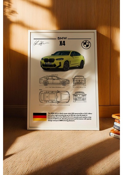 Bmw X4 Tablo - Teknik Özellikli Alman Spor Coupe Suv Poster - Çerçeveli Duvar Dekoru - Blueprint Beyaz