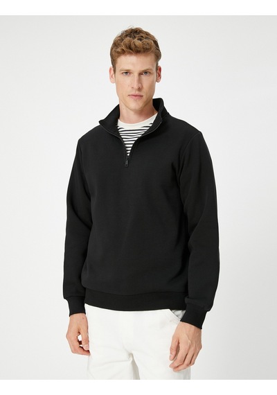 Koton Yarım Fermuarlı Sweatshirt Dik Yaka Uzun Kollu Şardonlu Siyah 4wam70024mk Siyah