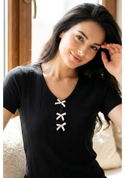 Aura Collections Kadın Bambu Viskon Transfer Ribana Kısa Kollu Düğmeli Pijama Takımı Siyah