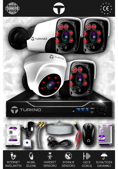 Turkno 4 Kameralı Pania 1 İç Kamera Set 1 TB HDD Full HD Gece Görüşlü Güvenlik Kamerası Sistemi