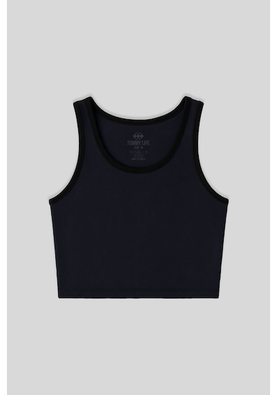 Tommy Life Lacivert Basic Sıfır Kol Dar Kalıp U Yaka Kadın Crop Top Atlet - 97162 Lacivert