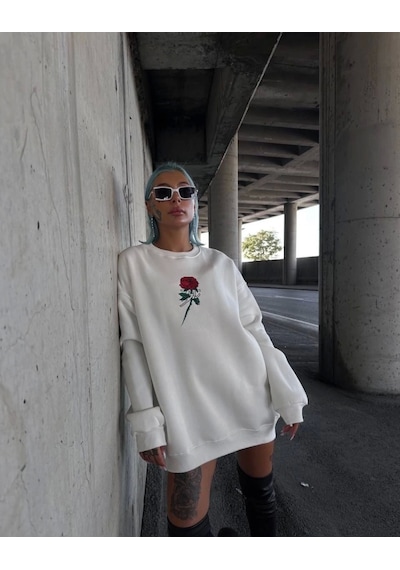 Oversize Üç İplik Bisiklet Yaka Baskılı Sweatshirt - Beyaz Beyaz