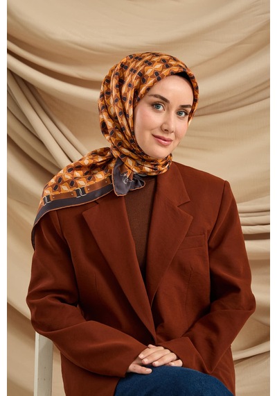 Silk Home Twill İpek Eşarp 11481-26 Lacivert, Taba, Turuncu, Bej