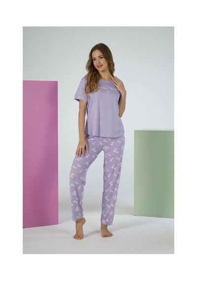 Estiva Kadın Yaprak Alt Desenli Kısa Kollu Soft Pijama Takımı LİLA