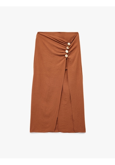 Koton Aerobin Kumaş Drape Detaylı Taşlı Yırtmaçlı Midi Etek Kahverengi 5sak70233pw