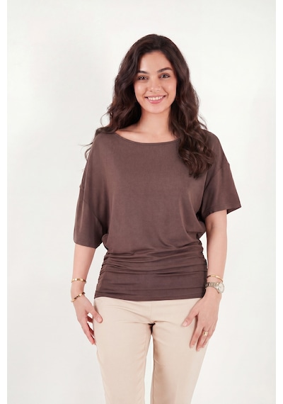 Lela Standart Fit Drape Detaylı Yarasa Kol T Shirt Bayan T Shirt 5866962 Kahve