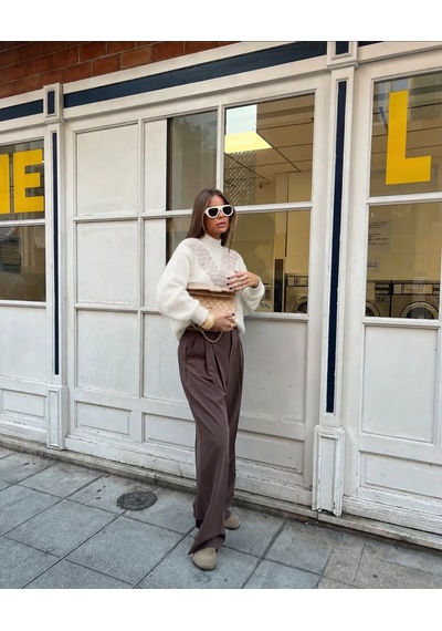 Diva Butik Transparan Detaylı Yumuşak Doku Kazak Açık Bej