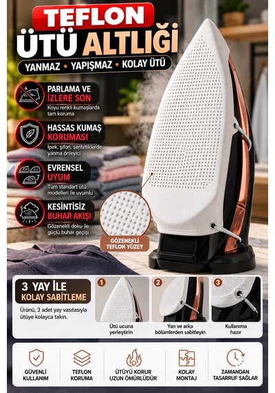 Teflon Yanmaz Yapışmaz Ütü Altlığı Tabanlık Buhar Geçiren Delikli Koruyucu 26x14,5 Cm 3 Yaylı Modeli Beyaz