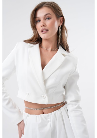 Saade Beyaz Kruvaze Crop Blazer Ceket Beyaz