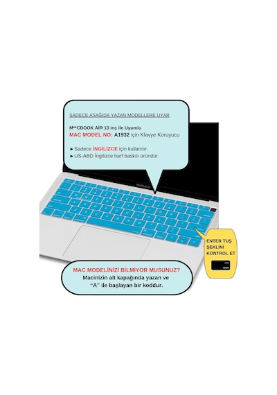 Silikon Klavye Koruyucu Macbook Air 13 Retina Uyumlu A1932 A2179 A2337 M1 Us Amerikan Enter Ansı İngilizce Keyboard Cover Açık Mavi 58531508