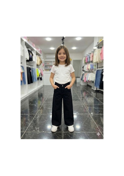 Erdem Kıds Kız Çocuk Jean Pantolon Palazzo Geniş Bol Paça Okul Kot Pantolon Siyah Siyah