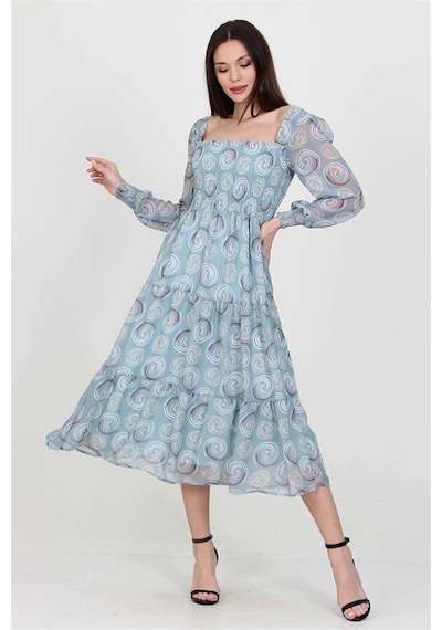 Neşeli Butik Kadın Mint Gipeli Kare Yaka Desenli Şifon Elbise Nb100361 Mint