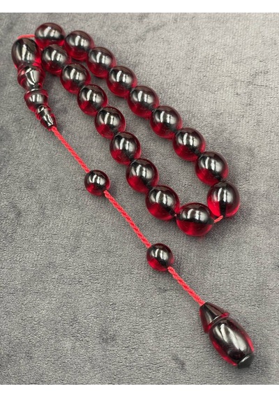 Efe Boy Sistemli İri Tane Koyu Vişne Ateş Kehribar Tesbih 13x15 Mm Bordo