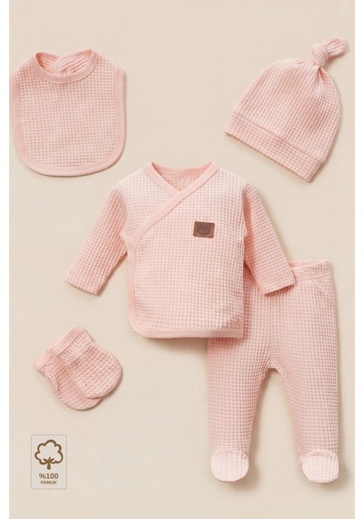 Minory Baby - %100 Pamuk 5'li Hastane Çıkışı Seti Yenidoğan 5'li Set Waffle Kumaş Battaniyesiz Pembe Pembe