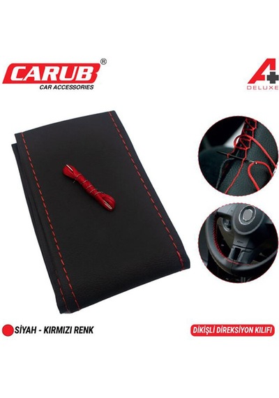 Carub Direksiyon Kılıfı İğneli Delüks Siyah-kırmızı Dikişli