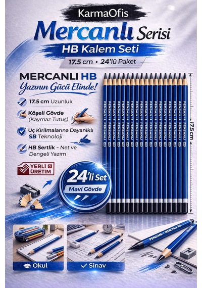 Mercanlı Hb Kurşun Kalem Mavi Tek Renk 24 Adet, Köşeli Gövde, 17.5 Cm Mavi 24lü