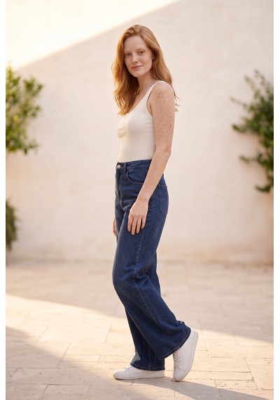Soulshae Yüksek Bel Geniş Paça Denim Pantolon Lacivert