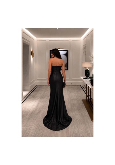 Lior Design Kadın İnce İşçilik Straplez Yırtmaçlı Abiye Elbise Siyah