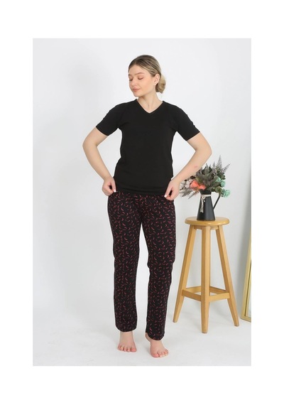 İkikareshop Kadın Kısa Kol Pamuk Penye Pijama Takım Siyah Çok Renkli