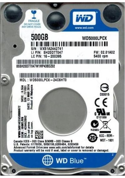 WD Blue WD5000LPCX 2.5" 500 GB 5400 RPM SATA 3 HDD