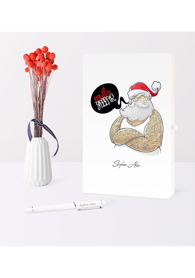 Kişiye Özel Yılbaşı Noel Baba Temalı Beyaz Defter Kalem Seti - 4