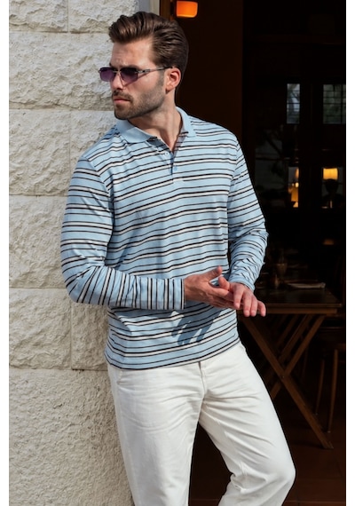 Madmext Mavi Regular Fit Çizgili Polo Yaka Erkek Tişört E7192