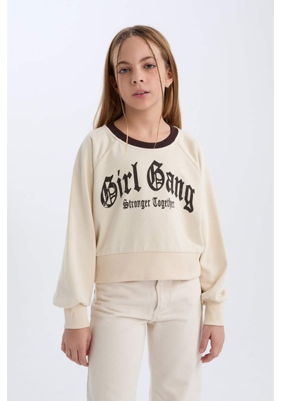 DeFacto Kız Çocuk Relax Fit Bisiklet Yaka Baskılı İçi Yumuşak Tüylü Sweatshirt D7042A824WNBG734 Bej