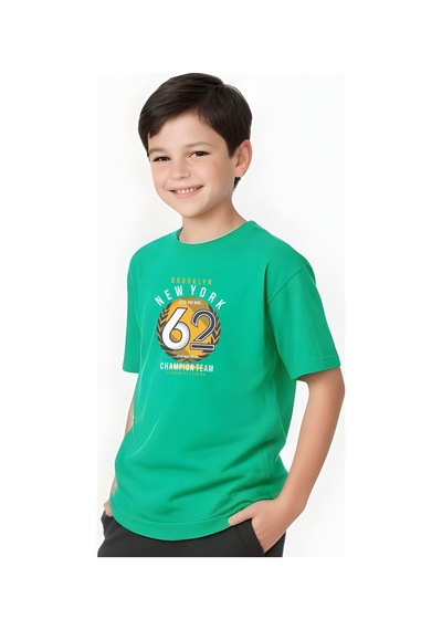 Fyk Kids Erkek Çocuk Yuvarlak Yaka 62 Yazı Baskılı Erkek T-shirt Yeşil