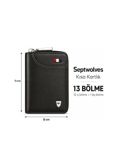 Septwolves Hakiki Deri-kısa Kadın Erkek Unisex Cüzdan Kartlık Siyah