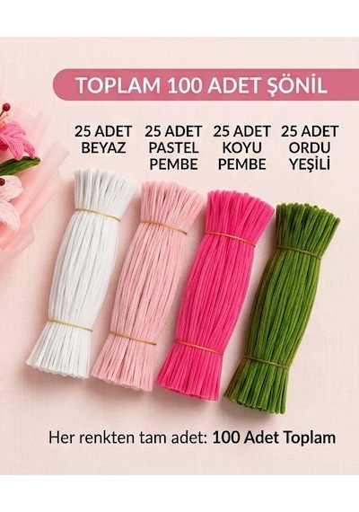 Şönil Çiçek Yapım Seti 100 Adet Beyaz,pastel Pembe,k.pembe,ordu Yeşili