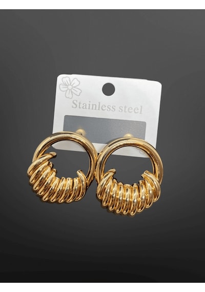 Altın Renk Kaplama Halka Model Kadın Küpe 316l Çelik, Spiral Detaylı Modern Tasarım Altın