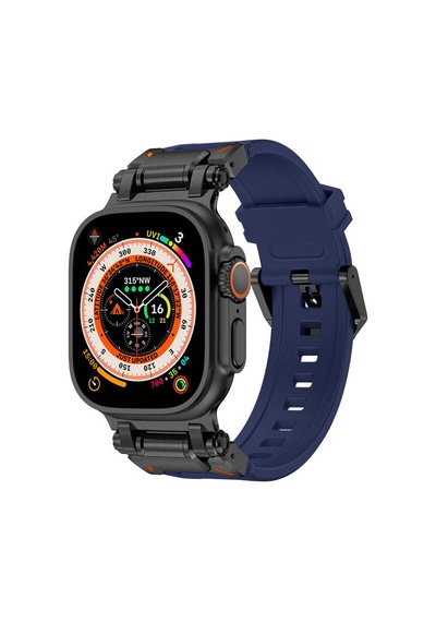 Watch Ultra 49mm Uyumlu Ezo Krd-101 Titanyum Metal Başlıklı Silikon Kordon-siyah-mavi