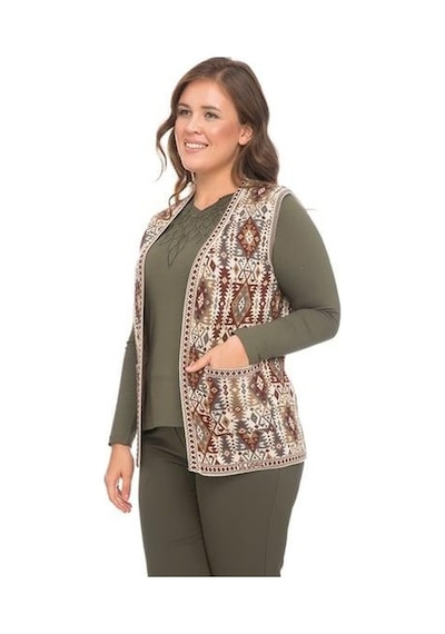 Kadın Etnik Desen Klasik Triko Örgü Kilim Yelek 1052-krem Rengi Krem
