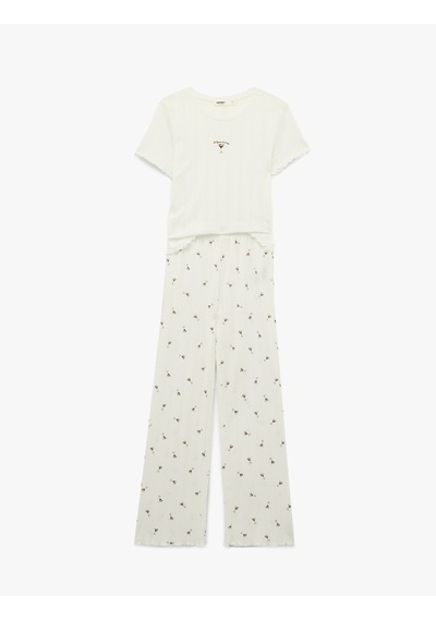 Koton Pamuklu Desenli Kısa Kollu Dokulu Pijama Takımı Beyaz 6slk40080mk